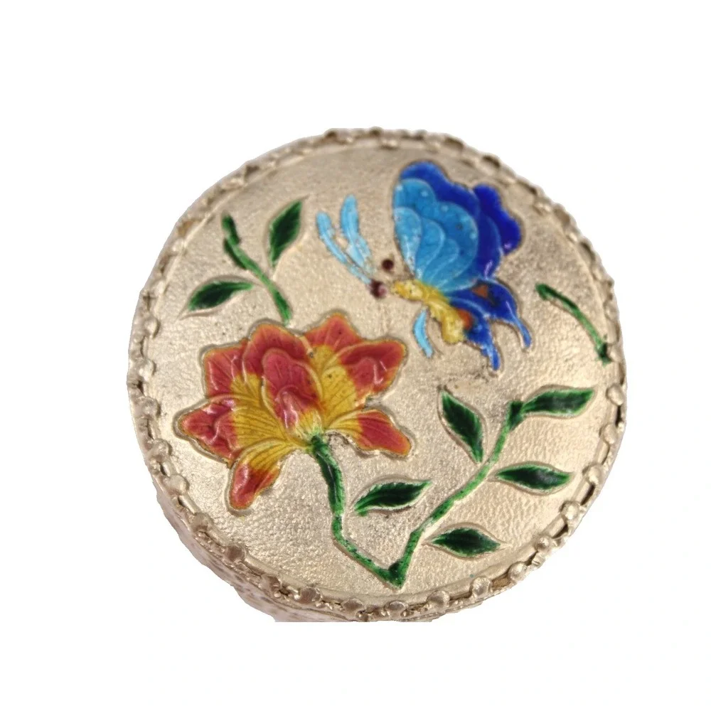 Vintage Chinese Cloisonne Enamel Trinket Pill Box mirror butterfly floral